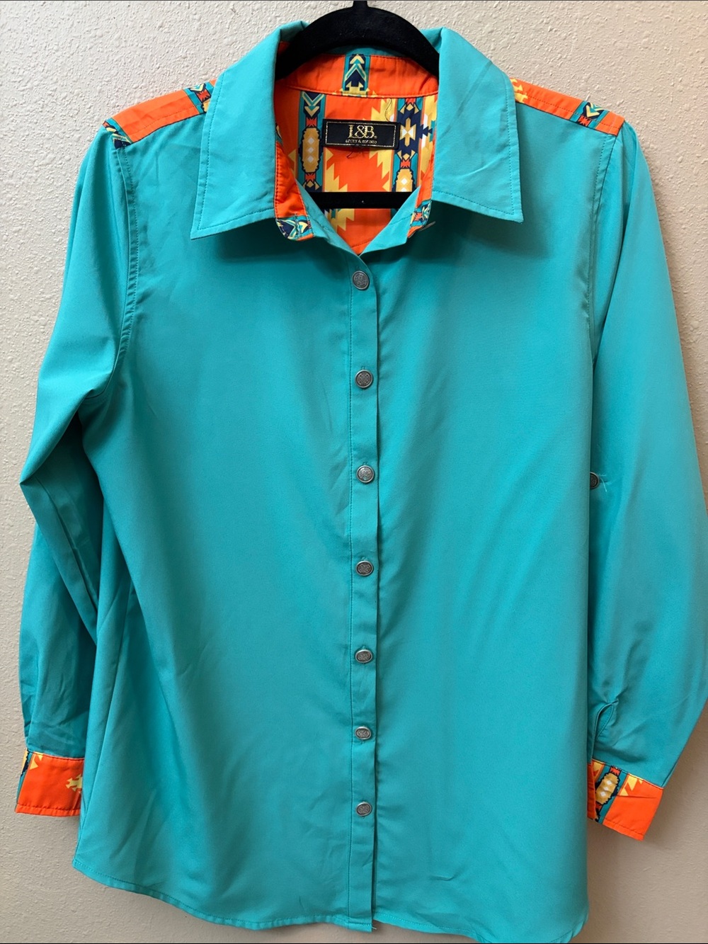 L&B Turquoise Shirt with Orange Aztec Accent